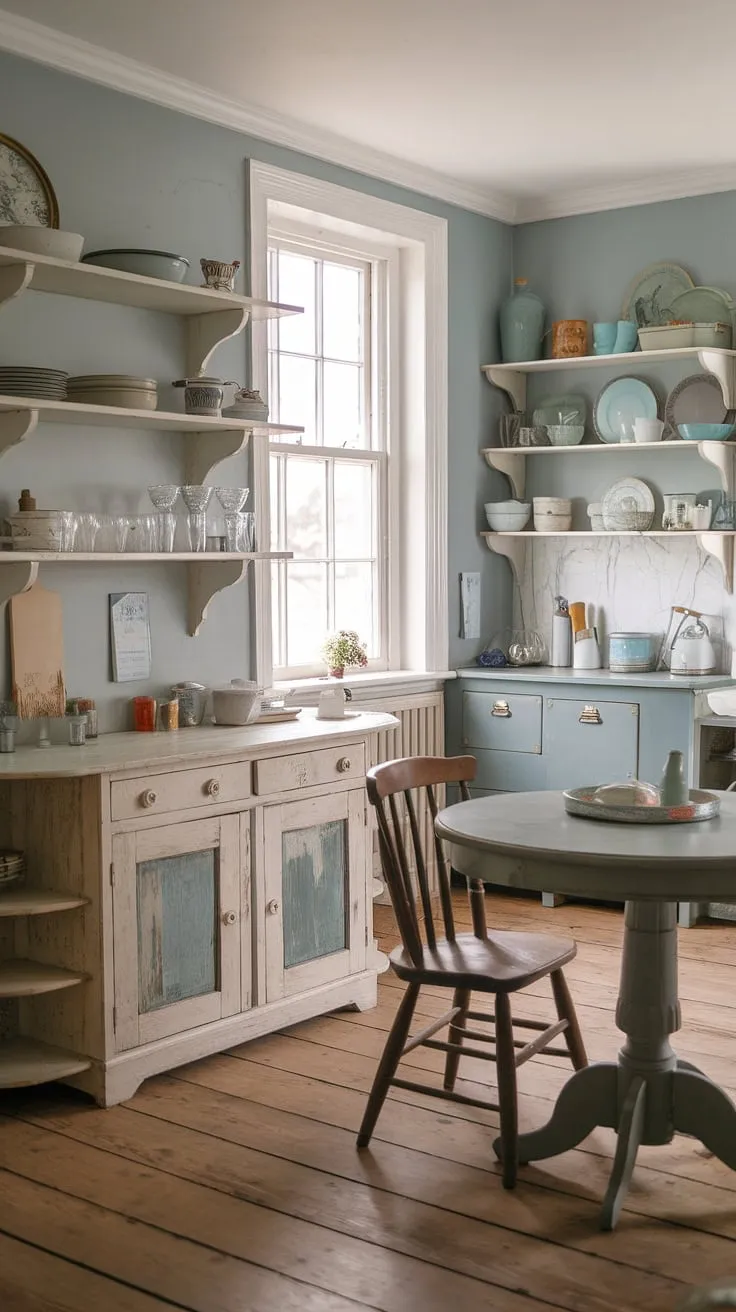 Step back in time in this charming cottage kitchen, where the gentle blue walls and antique wooden cabinets whisper tales of simpler days. The worn wooden floors and mismatched chairs only add to its irresistible, lived-in appeal. A perfect space for quiet mornings and cozy evenings.
