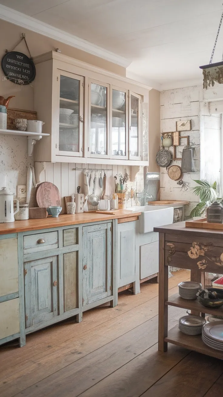 This shabby chic kitchen, with its distressed white cabinets and warm wooden island, whispers tales of cozy cottage life. The aged patina of the furniture, combined with the charming clutter of everyday essentials, creates a space that feels both lived-in and utterly inviting. A perfect blend of rustic charm and practical functionality.