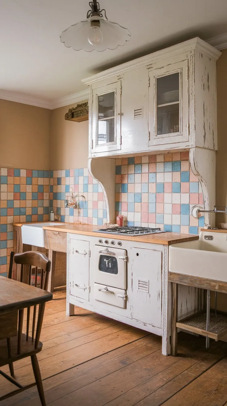 Step back in time in this charming shabby chic cottage kitchen. The distressed white cabinetry, colorful tile backsplash, and vintage stove create a warm and inviting atmosphere, perfect for creating lasting memories. A testament to the enduring beauty of simpler times.