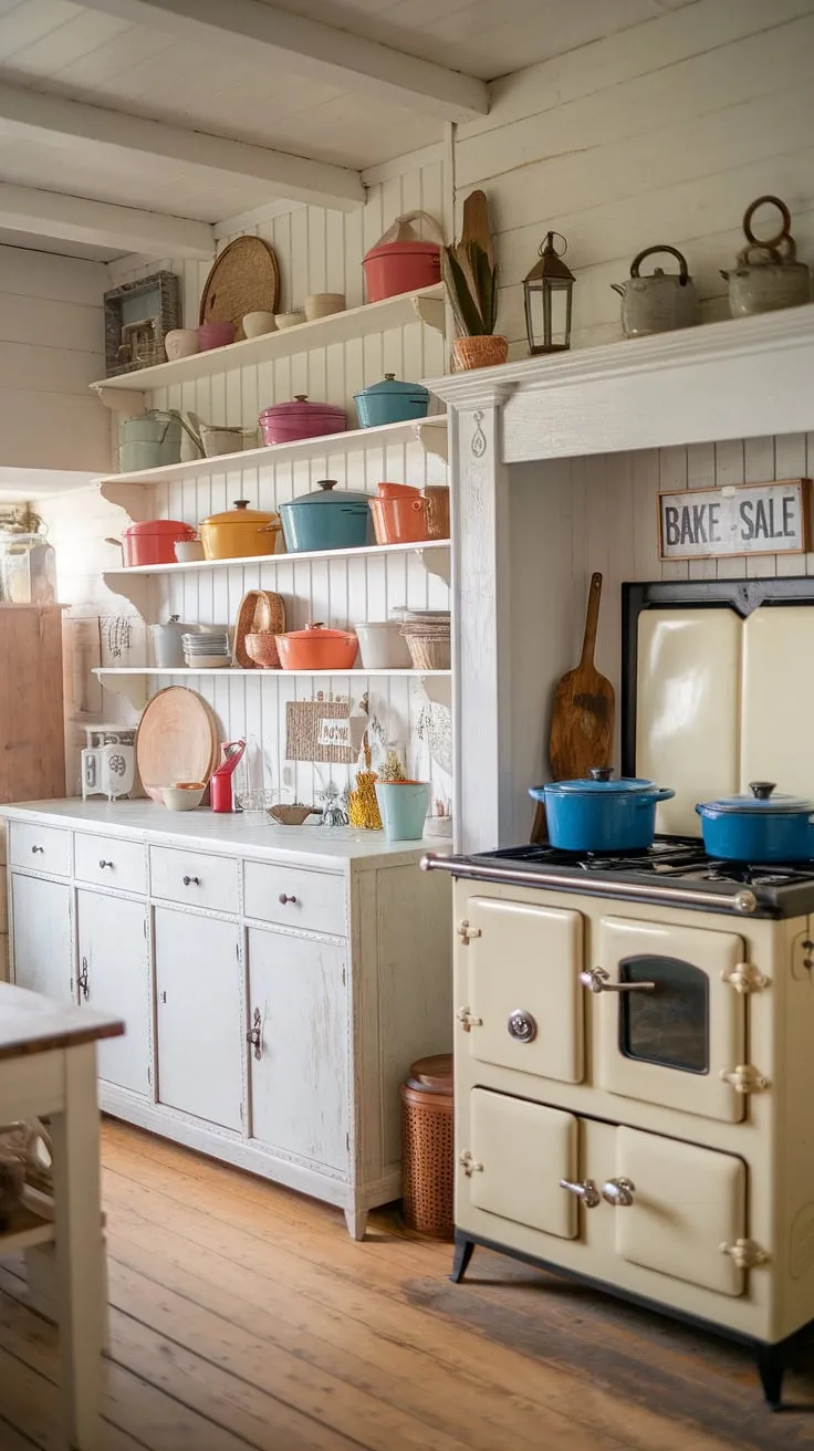 This shabby chic kitchen, with its vintage stove and mismatched crockery, whispers tales of generations past. The colorful pots and pans, displayed on open shelves, hint at countless meals prepared within these walls. A true testament to the enduring charm of simpler times, this space is a delightful blend of rustic beauty and heartwarming nostalgia.
