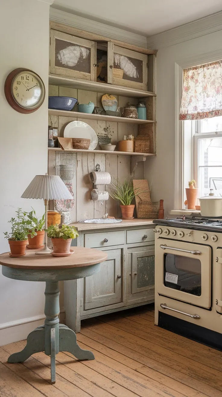 This shabby chic kitchen is a haven of vintage charm. Distressed wood cabinets, a floral window curtain, and a collection of cherished items create a space that's both functional and utterly delightful. The warm lighting and carefully chosen details evoke a sense of nostalgia and comfort, making it the heart of a cozy home.