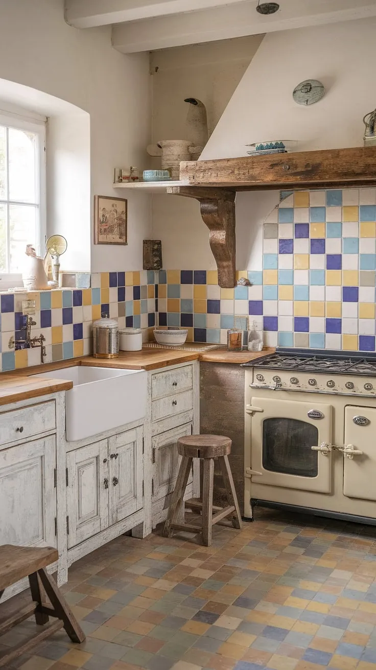 Step back in time in this charming kitchen, where vintage details like the distressed white cabinets and colorful tile backsplash create a cozy and inviting atmosphere. The antique sink and rustic wooden countertop add to the homey feel, making this space perfect for creating cherished memories. A testament to the enduring beauty of shabby chic style.