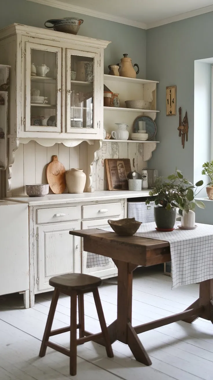 Sunlight streams into this charming shabby chic kitchen, illuminating the distressed white cabinets and checkered tablecloth on the wooden table. A simple vase, potted plant, and bowl add touches of rustic elegance to the space, creating a cozy and inviting atmosphere. The pale blue walls and wooden stool complete the vintage cottage feel. This is the perfect spot for a quiet morning a coffee and contemplation.