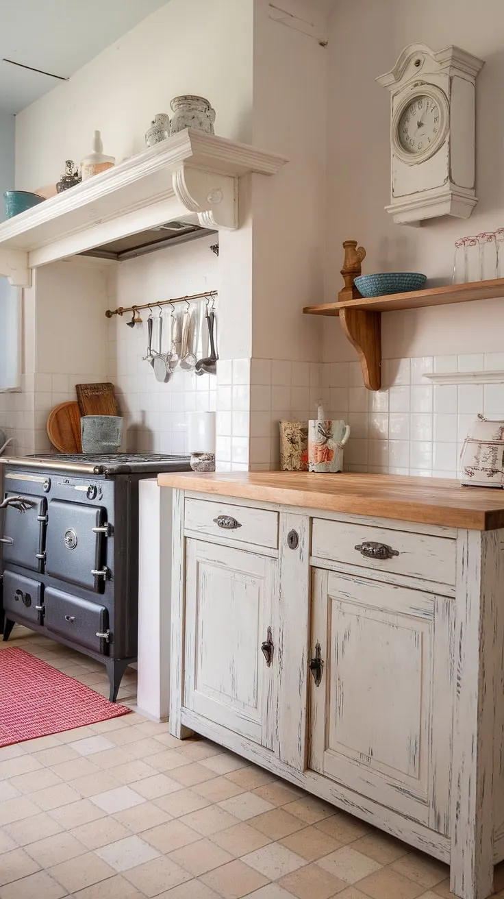 This shabby chic kitchen is a delightful blend of rustic charm and modern functionality. A vintage clock and thoughtfully placed decorative items add character, while the white cabinets and beige and white tiled floor create a bright and airy feel. A perfect example of how to embrace the beauty of imperfection and create a kitchen that feels uniquely yours.