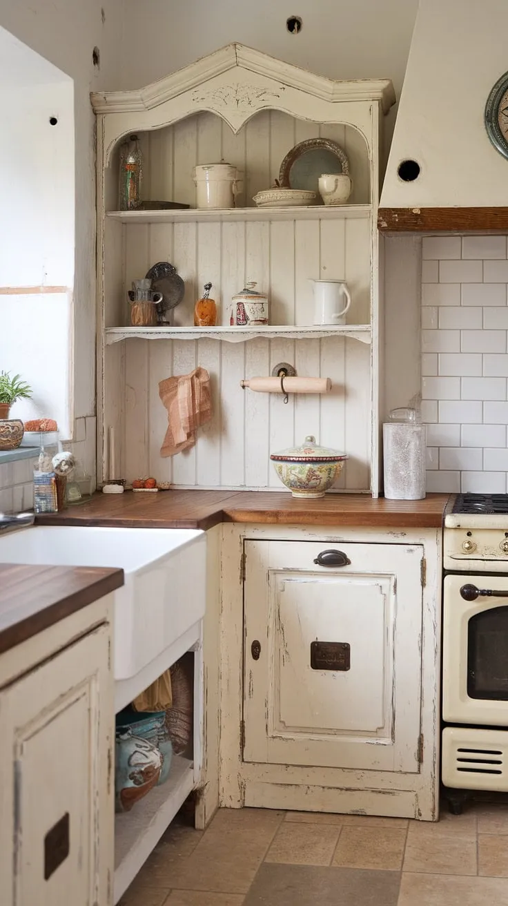 This shabby chic kitchen, with its distressed white cabinets and vintage charm, whispers stories of cozy evenings and lovingly prepared meals. The worn wooden countertop and colorful ceramic bowl add to the comforting, lived-in feel, a testament to the beauty of imperfection. A perfect blend of rustic and refined, it's a space where memories are made.