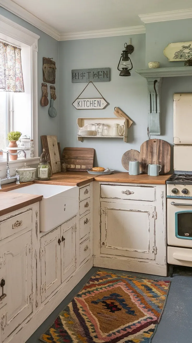 Step back in time in this charming shabby chic kitchen, where vintage details like the distressed white cabinets and wooden countertops create a cozy, cottage-style haven. The light blue walls and colorful rug add a touch of whimsy, perfectly complementing the vintage sink, stove, and charming "Kitchen" sign. A perfect blend of old-world charm and modern comfort.