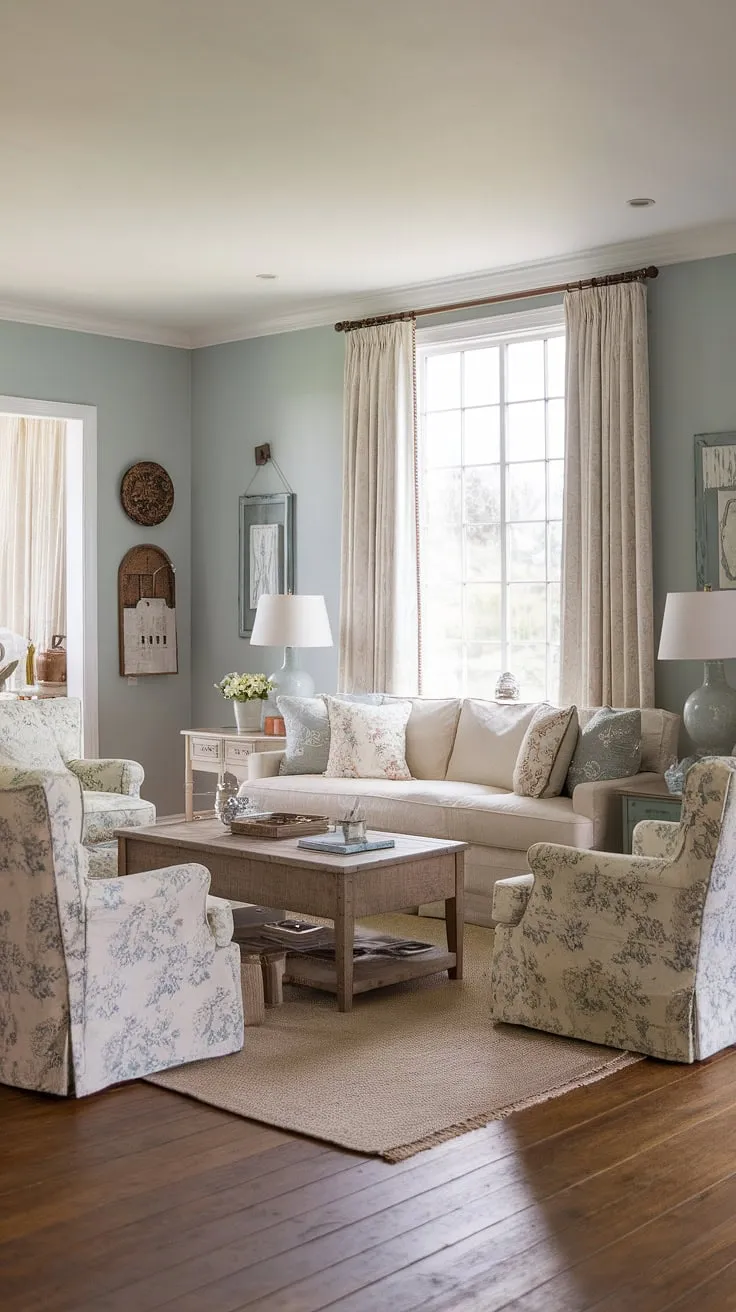Sunlight streams through the window, illuminating the charming details of this shabby chic living room. The soft blue walls, floral armchairs, and weathered wooden coffee table create a cozy and inviting atmosphere, perfect for quiet afternoons and heartfelt conversations. A sense of calm and gentle beauty permeates the space.