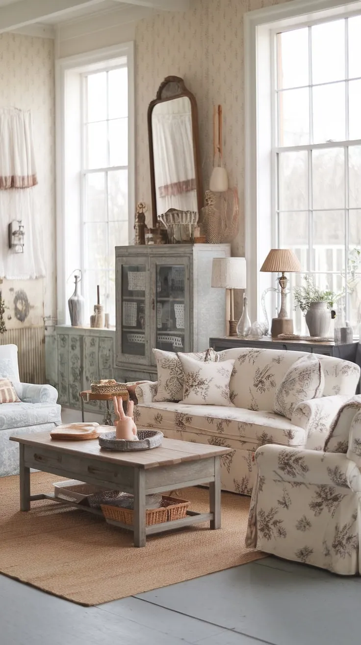 Sunlight streams through the windows, illuminating the charming details of this shabby chic living room. The floral cushions on the white sofa, the rustic wooden coffee table, and the vintage cabinet all contribute to a cozy and inviting atmosphere. A perfect blend of cottage and farmhouse style, this space feels both relaxed and refined.