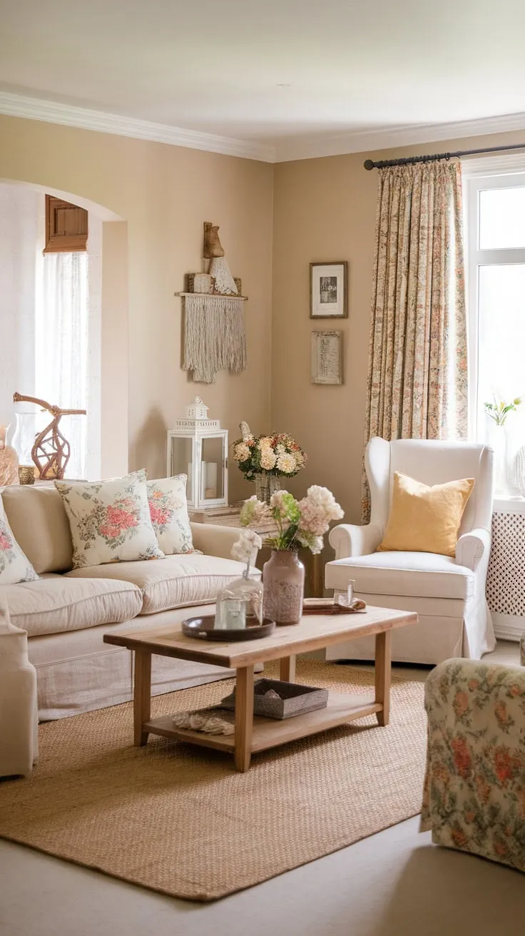 Sunlight streams through the patterned curtains, illuminating the cozy charm of this shabby chic living room. The floral cushions on the beige sofa, paired with the white chair and wooden coffee table, create a relaxed and inviting atmosphere, perfectly blending cottage and farmhouse styles. A touch of boho is added with carefully chosen decorative accents.
