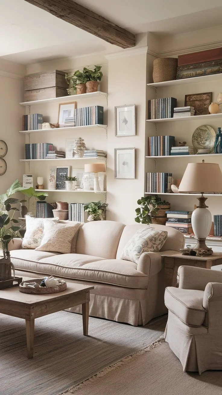 Cozy evenings and captivating stories unfold in this charming living room, where shabby chic meets modern farmhouse. The warm glow of the vintage lamp illuminates the eclectic mix of books, plants, and cherished decor, creating a space that's both inviting and uniquely personal. A perfect blend of rustic charm and comfortable elegance.