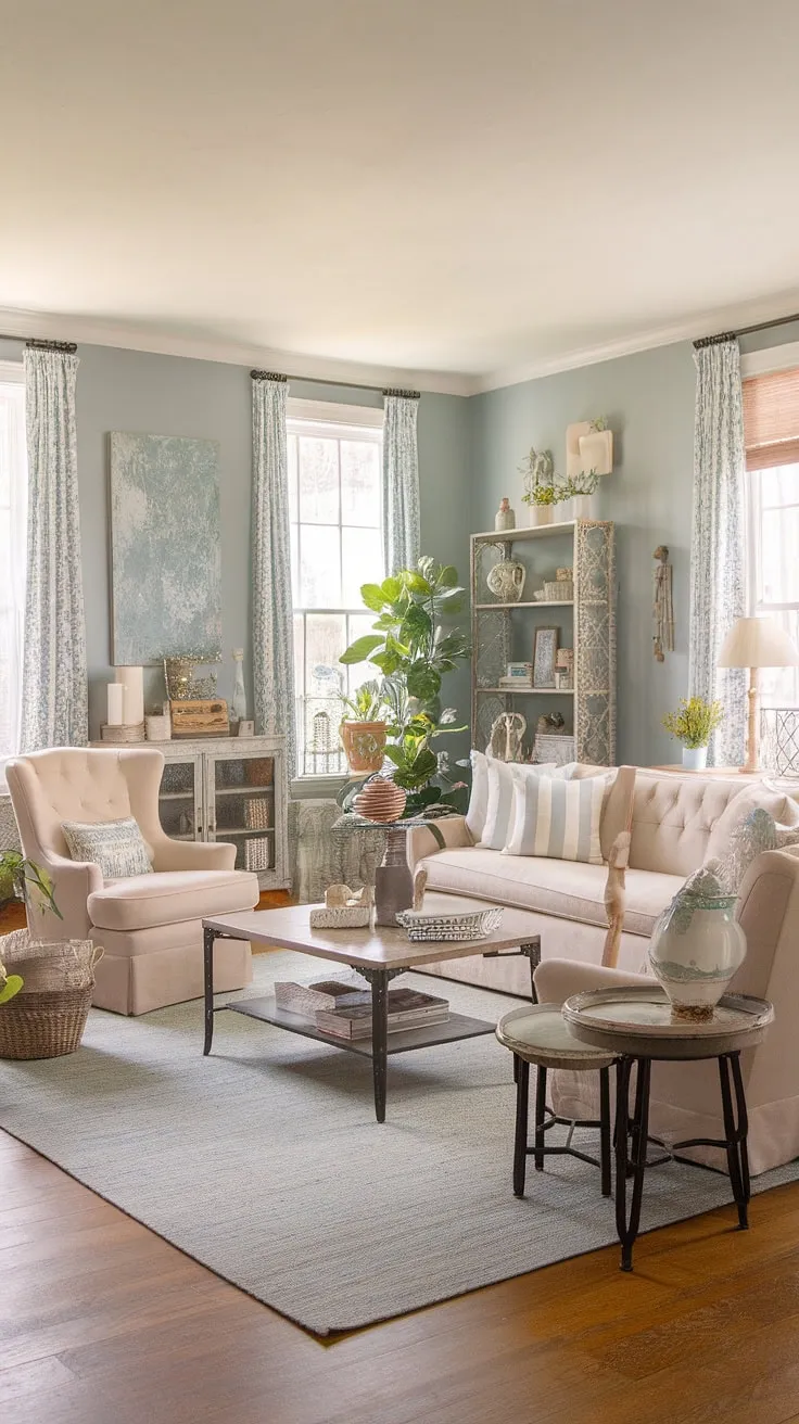 Sunlight streams into this charming living room, highlighting the cozy textures and calming blue walls. The eclectic mix of cottage and farmhouse furniture, from the worn beige sofa to the overflowing bookshelf, creates a space that feels both lived-in and utterly inviting. A perfect blend of comfort and style.