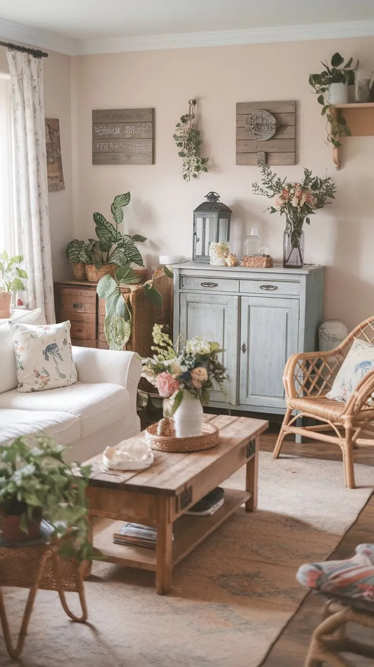Sunlight streams through the window, illuminating the charming details of this shabby chic living room. A blend of cottage and farmhouse styles creates a space that's both inviting and effortlessly elegant, with a vintage cabinet adding a touch of history and personality. The floral cushions on the white sofa, the wooden coffee table, and the rattan chair all contribute to the relaxed, comfortable atmosphere. A collection of cherished items, including a wooden sign and a vase of flowers, adds warmth and character to the space. This is a room where memories are made.