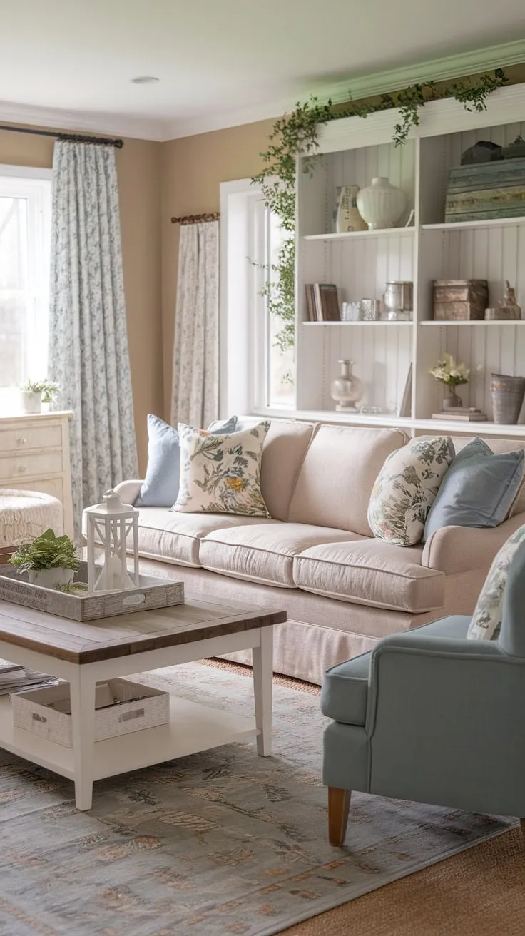 This shabby chic living room effortlessly blends cottage and modern farmhouse aesthetics. A neutral color palette, featuring beige walls and a beige sofa, is punctuated by pops of blue and floral patterns. The wooden coffee table and white bookshelf offer practical storage and visual appeal. A carefully curated collection of plants, a lantern, and a patterned rug add texture and personality, creating a space that is both stylish and comfortable.