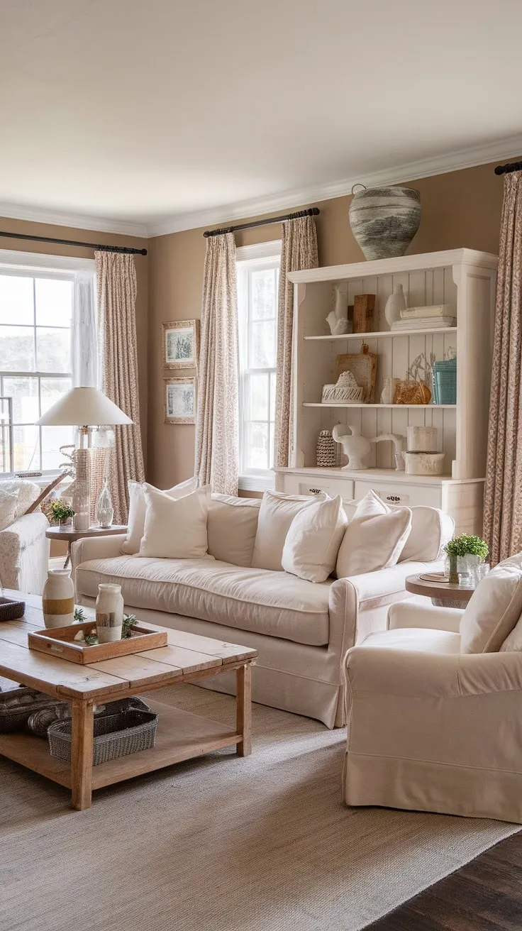 This shabby chic living room is a testament to the power of blending styles. A neutral color scheme, punctuated by warm wood tones and carefully chosen textiles, creates a relaxed and inviting atmosphere. The mix of vintage and modern pieces, along with the thoughtful arrangement of decorative items, results in a space that feels both comfortable and stylish. A true haven of peace and tranquility.