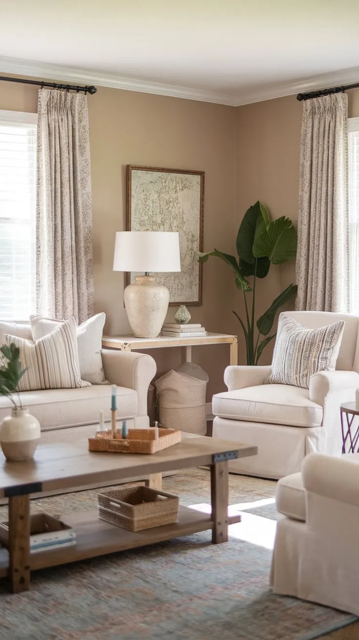 This eclectic living room effortlessly combines cottagecore sweetness, modern farmhouse functionality, and bohemian spirit. A beige sofa anchors the space, complemented by a white accent chair and a rustic wooden coffee table. The carefully chosen decorative elements add personality and warmth, creating a truly unique and inviting atmosphere.
