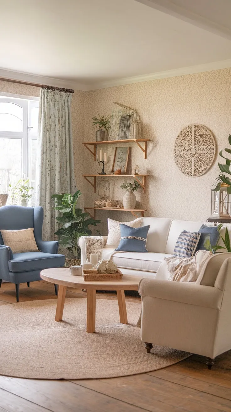 This shabby chic living room effortlessly blends boho spirit with cottagecore charm and a touch of modern farmhouse. The calming color palette and carefully curated details, from the patterned wallpaper to the carefully chosen plants, create a tranquil and welcoming a sanctuary where comfort and style coexist beautifully.