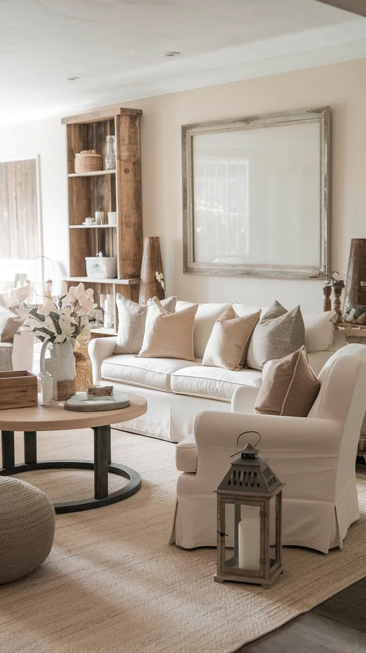 This boho-inspired living room is a haven of relaxed elegance. The interplay of creamy whites, warm beiges, and subtle greys creates a serene atmosphere. Every detail, from the antique lantern to the carefully chosen throw pillows, contributes to the room's unique and inviting character. A sanctuary for unwinding and embracing the simple pleasures.