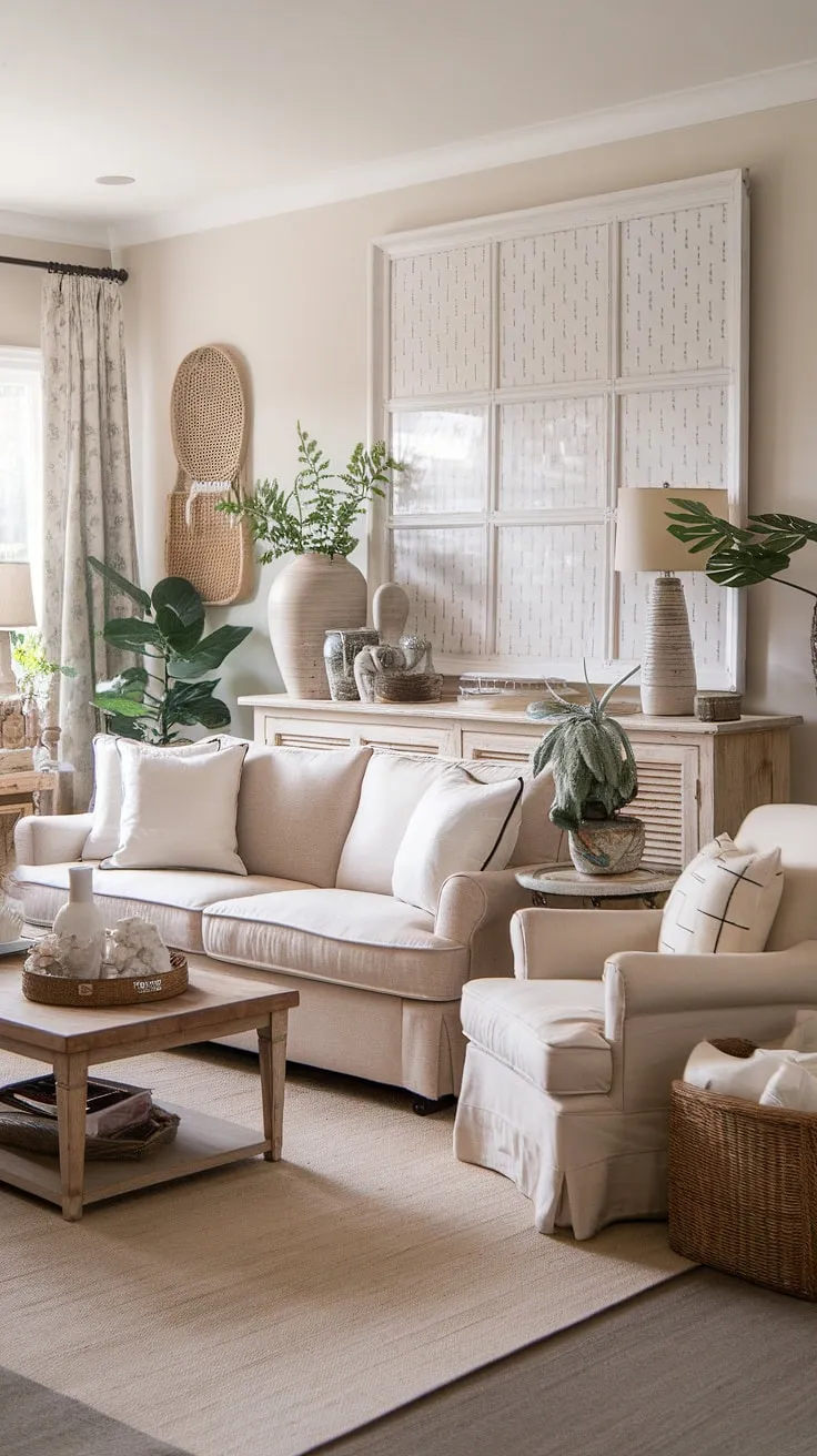 Cozy cottage vibes meet modern farmhouse charm in this eclectic living room. The neutral palette, textured fabrics, and carefully curated décor create a space that's both inviting and stylish. A perfect blend of rustic and refined, it's a haven of comfort and personality.