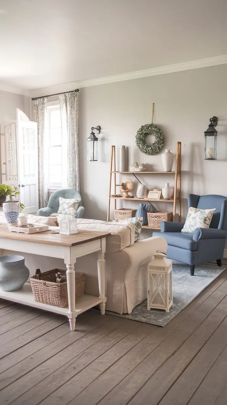 This living room effortlessly blends the charm of shabby chic with the clean lines of modern farmhouse design. The soft grey walls and light wood floors provide a neutral canvas for the inviting beige sofa and a pop of color from the blue armchair. A simple white table, adorned with a few carefully chosen decorative items, acts as a focal point, while a rustic wooden shelf displays cherished mementos, creating a space that feels both stylish and lived-in.
