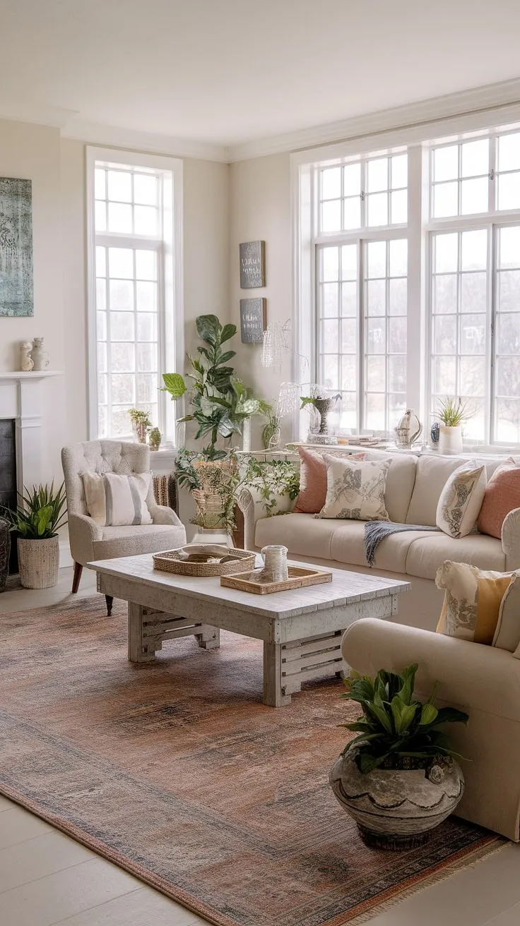 This shabby chic living room effortlessly blends farmhouse charm with modern comfort. The distressed wood coffee table anchors the space, complemented by a plush beige sofa and a vibrant patterned rug. Natural light floods the room, highlighting the carefully chosen details and creating a serene and inviting ambiance. The perfect blend of old and new, rustic and refined.