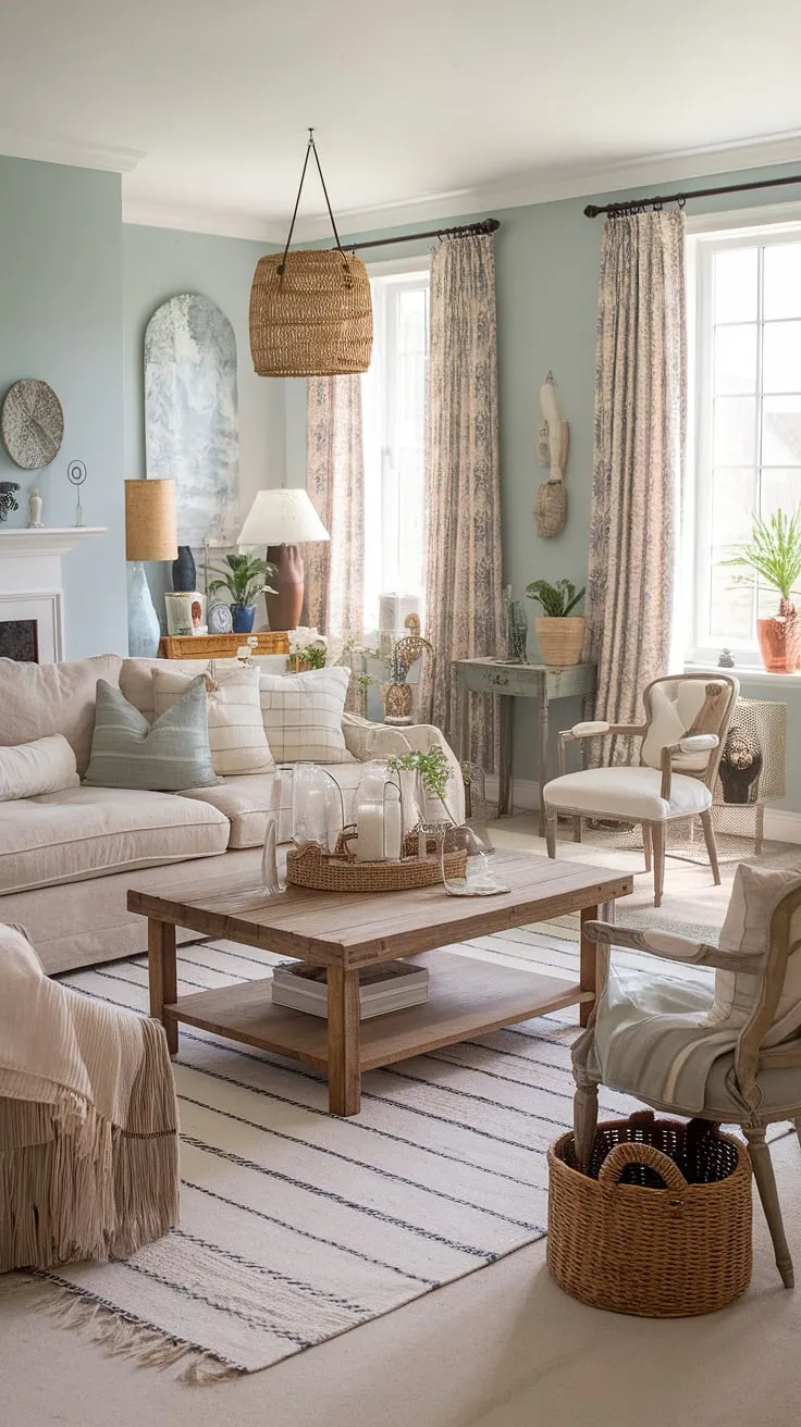 This shabby chic living room is a testament to the beauty of blending styles. The beige sofa, striped rug, and wooden coffee table create a cozy atmosphere, while the carefully chosen accessories add a touch of personality and warmth. A space where comfort and style meet seamlessly.