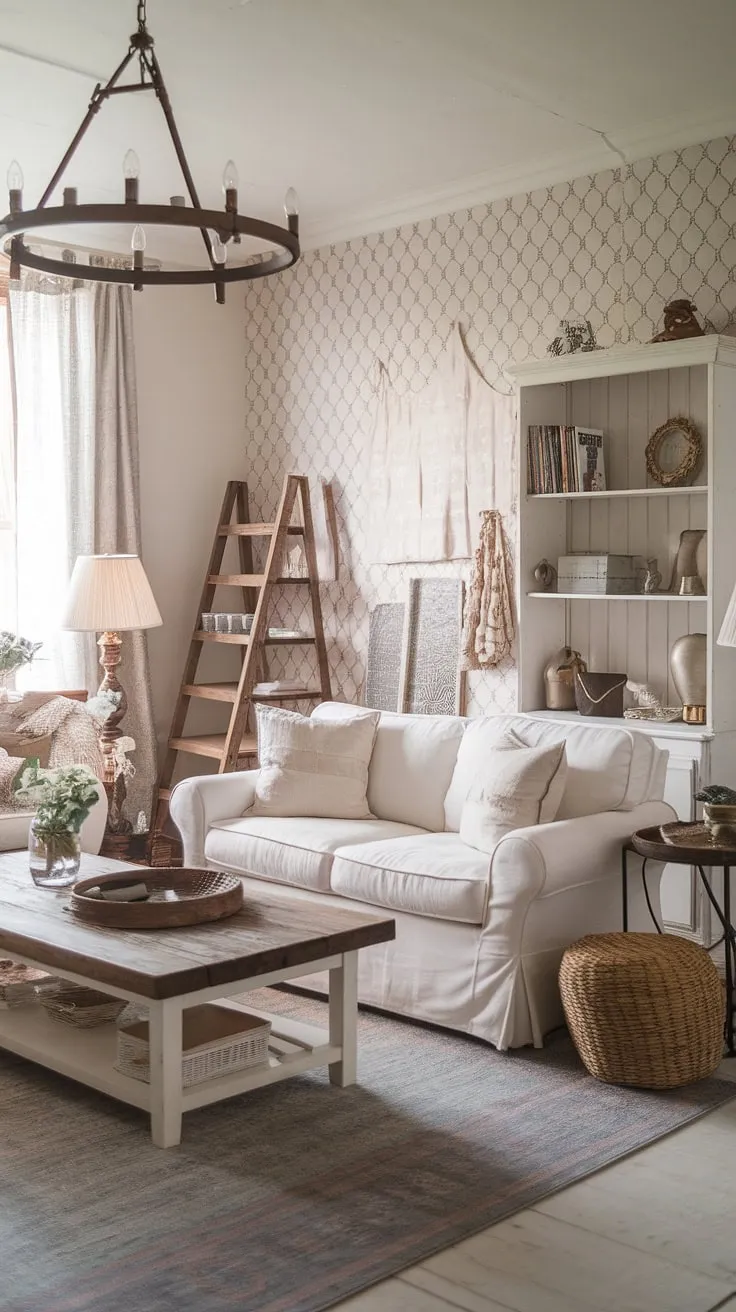 Cozy comfort meets eclectic style in this living room. The blend of shabby chic, modern farmhouse, and boho elements creates a space that's both inviting and uniquely personal. A vintage lamp casts a warm glow, highlighting the textured rug and the carefully curated collection of decorative items. The patterned wallpaper adds a touch of whimsy, while the wooden ladder and white bookshelf offer practical storage solutions. A perfect example of how different design aesthetics can harmoniously coexist.