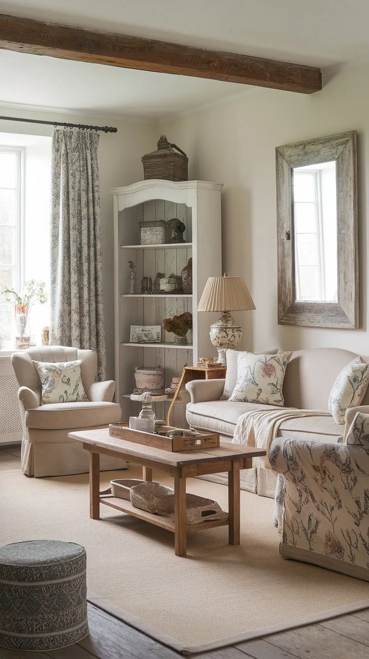 Nestled amongst the floral cushions and wooden beams, this cottage-style living room whispers tales of comfort and tranquility. The carefully curated collection of decorative items on the white bookcase and the warm glow of the vintage lamp create a space that feels both lived-in and lovingly styled, a perfect haven for relaxation and quiet contemplation.