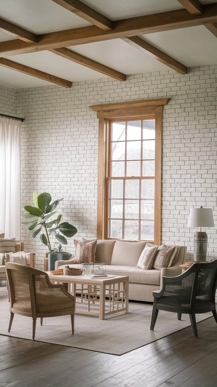 This charming living room effortlessly blends modern farmhouse and shabby chic styles. The exposed wooden beams and white brick walls offer a rustic backdrop, while the comfortable seating and warm lighting create a welcoming atmosphere. A peaceful retreat awaits in this beautifully styled space.