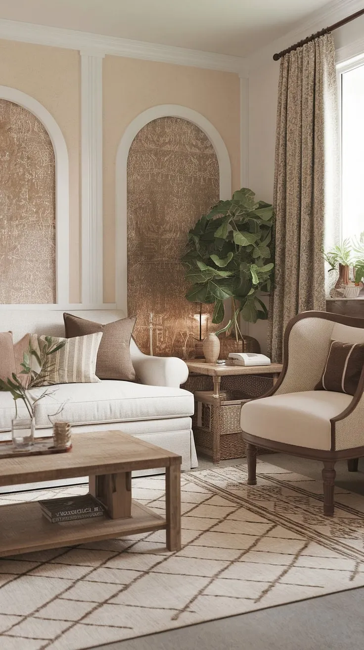 Cozy cottage vibes and farmhouse charm perfectly blend in this living room. The neutral palette, textured fabrics, and rustic wooden accents create a space that's both inviting and effortlessly stylish. A perfect place to unwind and enjoy a quiet evening.