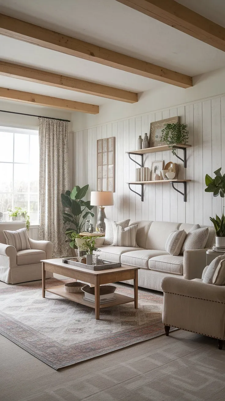 Sunlight streams through the window, illuminating the carefully curated details of this living room. The interplay of textures-from the soft beige sofa to the rustic wooden coffee table-and the thoughtful placement of plants and decorative items, result in a space that feels both lived-in and effortlessly elegant. A true sanctuary.