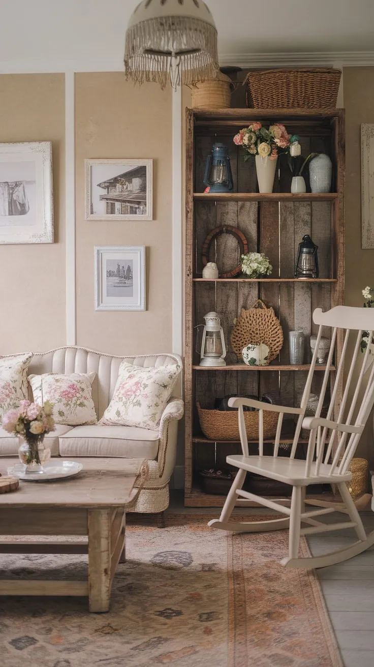 Cozy cottage vibes and shabby chic charm perfectly blend in this sun-drenched living room. The floral cushions, vintage lampshade, and rustic wooden shelf create a warm and inviting atmosphere, a true haven for relaxation. A sense of calm washes over you as you imagine curling up on the beige sofa with a good book.
