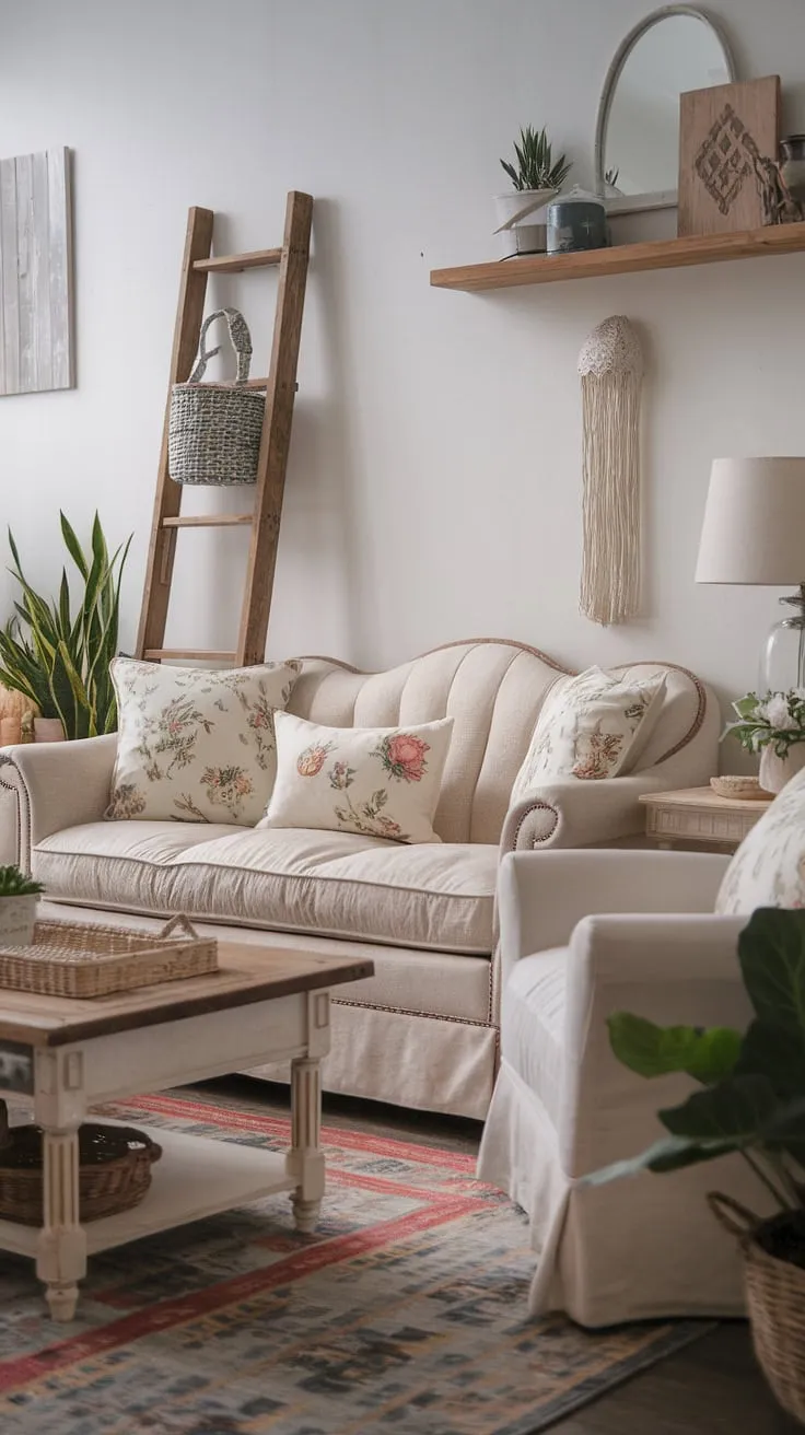 This living room effortlessly blends cottage charm with modern farmhouse practicality. The beige sofa, adorned with floral cushions and a reading lamp, invites relaxation, while the white armchair offers a touch of elegance. A wooden coffee table and a patterned rug complete the inviting atmosphere, showcasing a curated collection of decorative items and potted plants that add personality and warmth to the space.