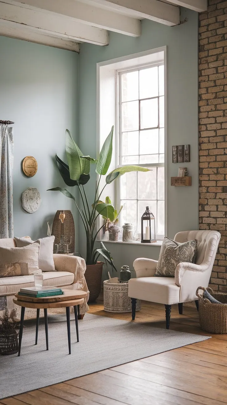 This shabby chic living room effortlessly blends cottage charm, modern farmhouse practicality, and bohemian flair. The light blue walls, wooden floors, and carefully curated accessories create a space that's both stylish and comfortable, a testament to the beauty of eclectic design. A true sanctuary for the soul.