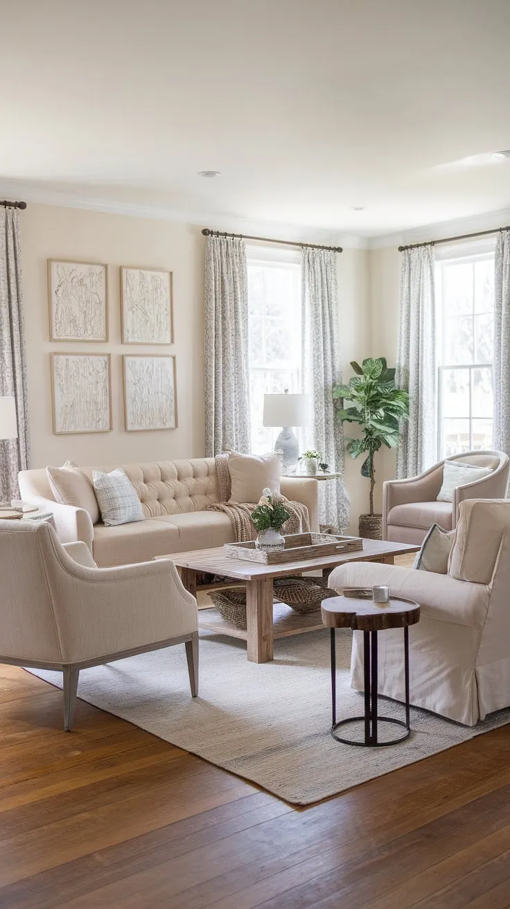 This shabby chic living room effortlessly blends rustic charm with contemporary style. The neutral color palette, complemented by warm wood tones and pops of texture, creates a serene and welcoming atmosphere. A perfect blend of old and new, this space is a testament to thoughtful design.