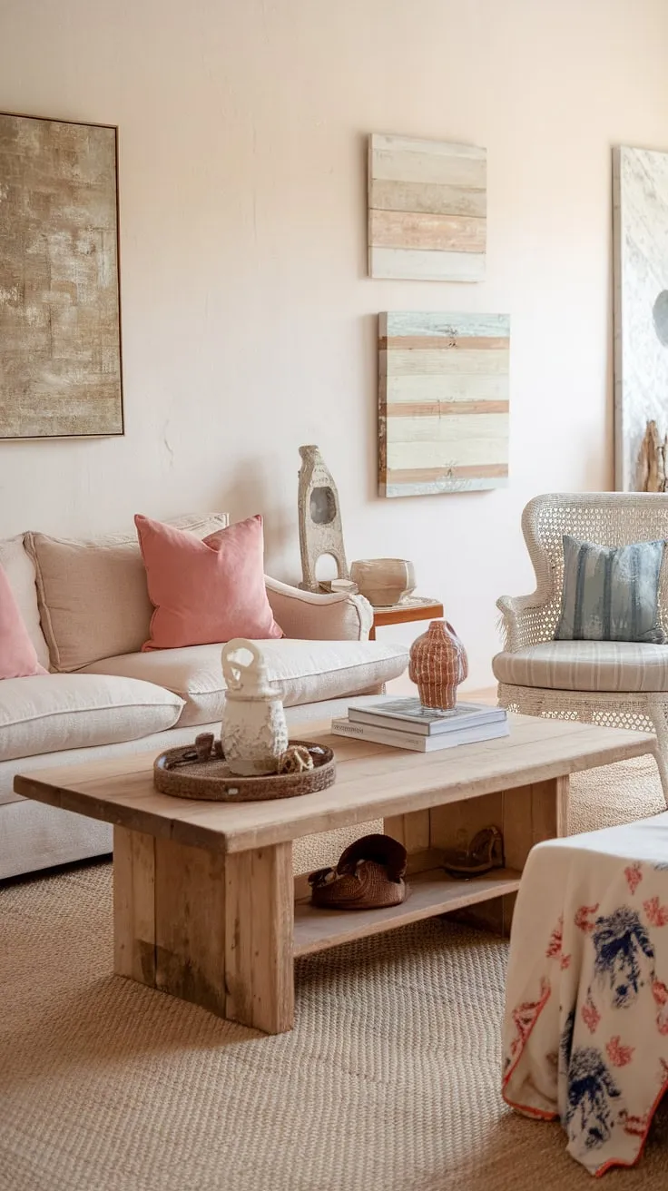 This living room is a testament to the beauty of blending styles. Shabby chic elements mingle seamlessly with modern farmhouse and boho touches, resulting in a space that's both stylish and incredibly cozy. The neutral color palette, punctuated by pops of pink and blue, creates a calming ambiance, perfect for unwinding after a long day. The carefully chosen décor adds personality and warmth, making this room a true reflection of its inhabitants' unique style.