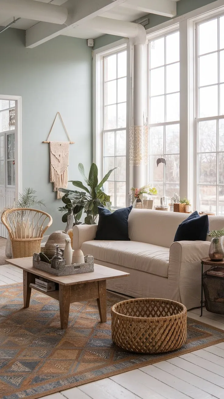 Sunlight streams through the large windows, illuminating the cozy blend of shabby chic and modern farmhouse style in this living room. The beige sofa, accented with dark blue pillows, invites relaxation, while the patterned rug and wooden coffee table add warmth and texture. A rattan basket and a thriving plant complete the inviting atmosphere. This space effortlessly combines comfort and style.