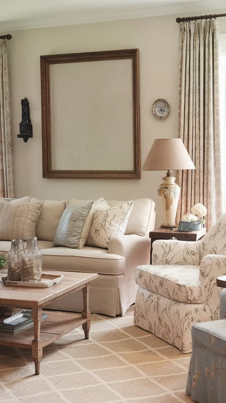 Cozy cottage vibes and farmhouse charm perfectly blend in this shabby chic living room. The soft beige palette, patterned textiles, and vintage accents create a space that's both inviting and effortlessly stylish. A perfect spot to unwind and enjoy a quiet evening.
