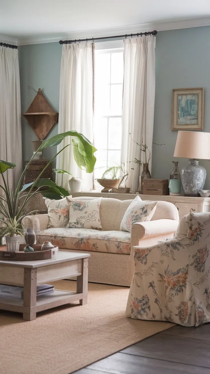 This light blue-walled haven is a testament to the beauty of mixing styles. The a combination of cottage charm, farmhouse practicality, and country coziness creates a living room that's uniquely personal and wonderfully inviting. Every detail, from the patterned cushions to the farmhouse lamp, contributes to the overall sense of warmth and comfort.