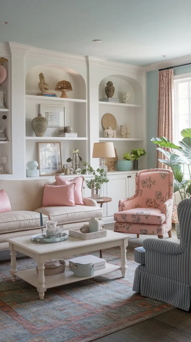Sunlight streams into this charming living room, a delightful blend of cottage, farmhouse, and boho styles. The soft blue walls and patterned rug create a calming atmosphere, while pops of pink and blue in the furniture and accessories add a touch of playful personality. A perfect space to relax and unwind.
