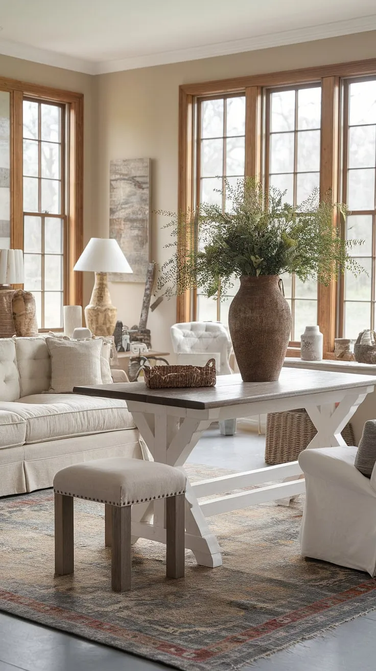 This inviting living room effortlessly marries shabby chic charm with modern farmhouse aesthetics. The neutral color palette, punctuated by the natural textures of wood and the greenery, creates a serene and welcoming atmosphere. A perfect blend of old and new, rustic and refined.