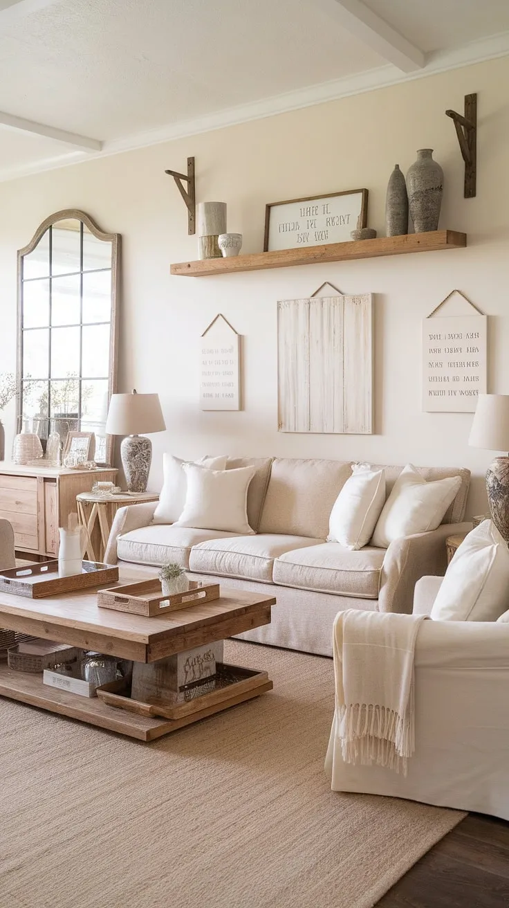 This shabby chic living room effortlessly blends cottage and farmhouse aesthetics. The beige and white color scheme, complemented by warm wood tones, creates a calming and sophisticated atmosphere. Every detail, from the decorative accents to the comfortable seating, contributes to its relaxed elegance.