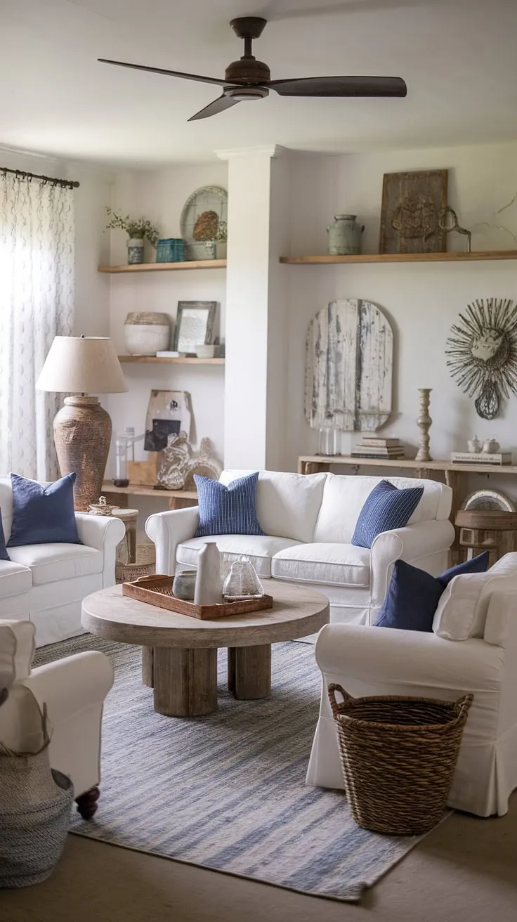 Sunlight streams through the window, illuminating the cozy blend of shabby chic and modern farmhouse in this living room. The white sofa, accented with blue cushions, invites relaxation, while the rustic ceiling fan and vintage lamp add character and warmth. A perfect space to unwind and enjoy the simple pleasures.