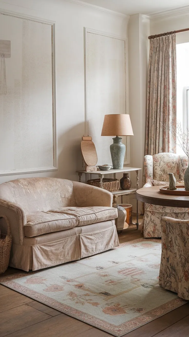 Sunlight streams through the window, illuminating the worn textures and eclectic charm of this living room. A blend of cottage, modern farmhouse, and boho styles creates a space that's both comfortable and uniquely inviting; a testament to the beauty of lived-in spaces and curated details. The faded floral patterns on the chairs, the aged wood of the table, and the soft beige sofa all contribute to a sense of peaceful, lived-in comfort.