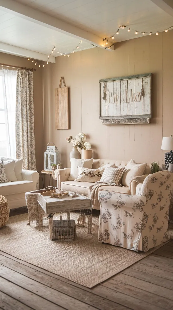 Cozy cottage vibes meet modern farmhouse charm in this eclectic living room. The beige sofa and floral armchair create a relaxed atmosphere, while rustic wooden floors and a touch of boho style add warmth and personality. A perfect blend of textures and styles for a space that feels both inviting and uniquely a yours.