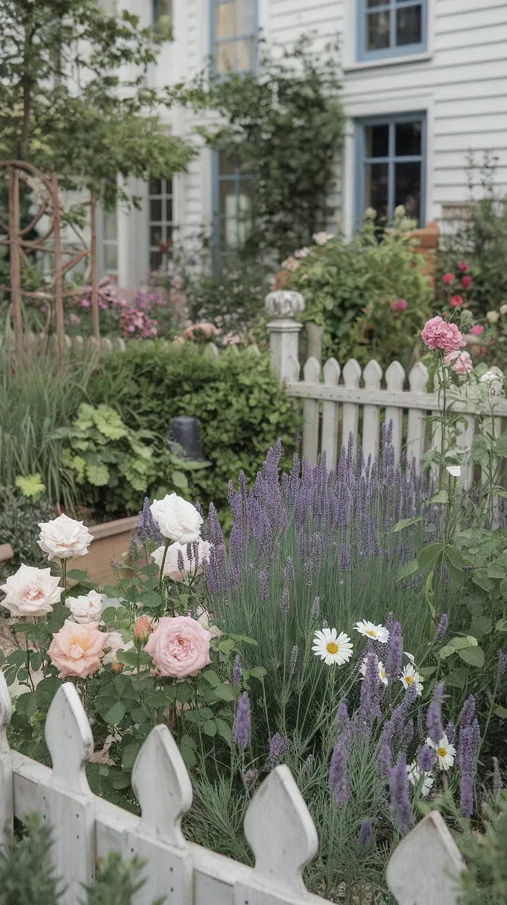 A charming French country cottage, nestled amongst a riot of roses, lavender, and daisies, embodies the idyllic beauty of a shabby chic garden. The white picket fence adds a touch of timeless elegance to this tranquil haven.