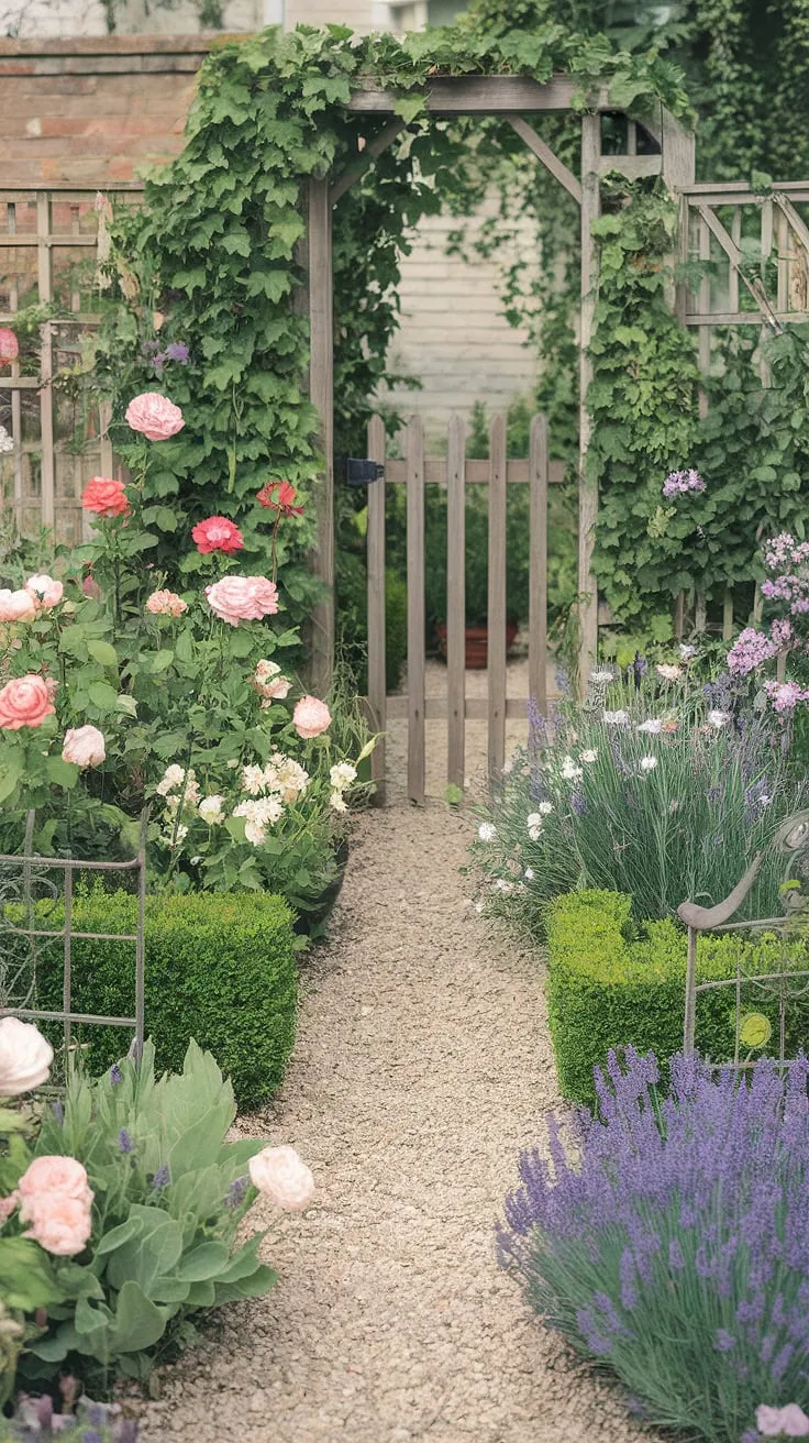 Step into a world of whimsical charm where vibrant roses, delicate lavender, and cheerful daisies dance together in a symphony of color. This shabby chic cottage garden, with its gravel path and rustic wooden gate, whispers tales of French country elegance. A haven of tranquility awaits, a perfect escape from the everyday.