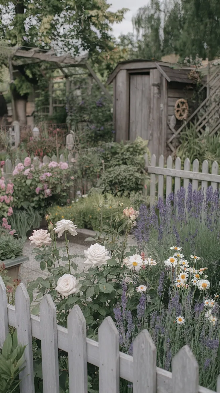This charming cottage garden, overflowing with roses, lavender, and daisies, embodies the spirit of French country living. A weathered wooden shed nestles in the background, adding to the idyllic scene framed by a pristine white picket fence. A haven of peace and simple beauty.