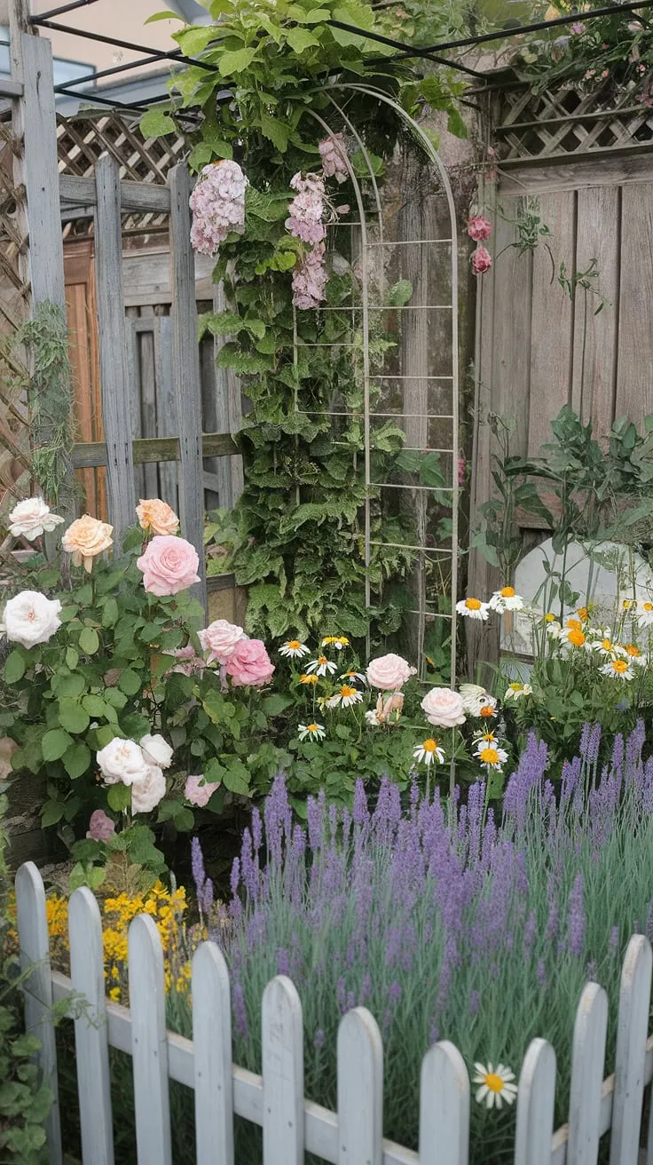 This shabby chic garden, overflowing with blooms, whispers tales of French country charm. A symphony of roses, lavender, and daisies creates a breathtaking display, framed by a weathered wooden fence and a quaint white picket fence. A picturesque scene, perfect for escaping the everyday.