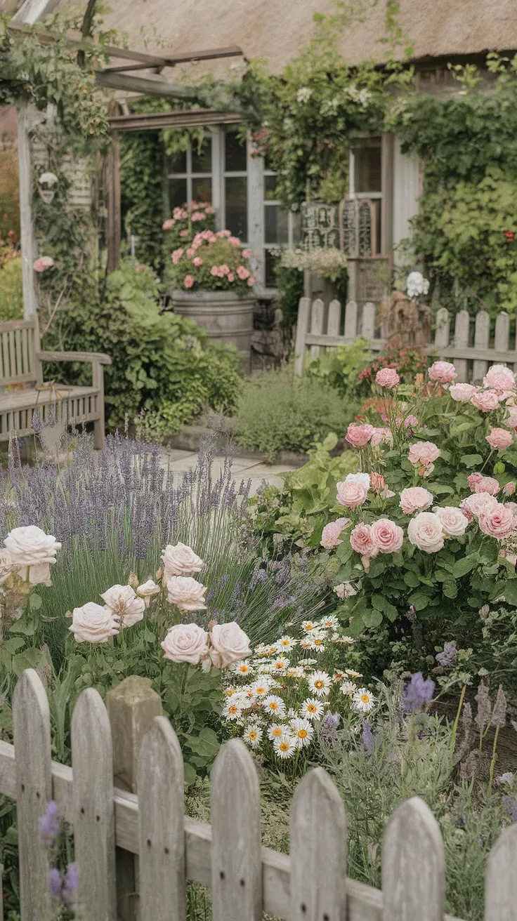 Step into a world of enchanting charm, where a white picket fence encloses a riot of color and fragrance. This shabby chic garden, bursting with roses, lavender, and daisies, is a testament to the simple elegance of a French country aesthetic. A peaceful haven, perfect for unwinding and appreciating the beauty of nature's gentle hand.