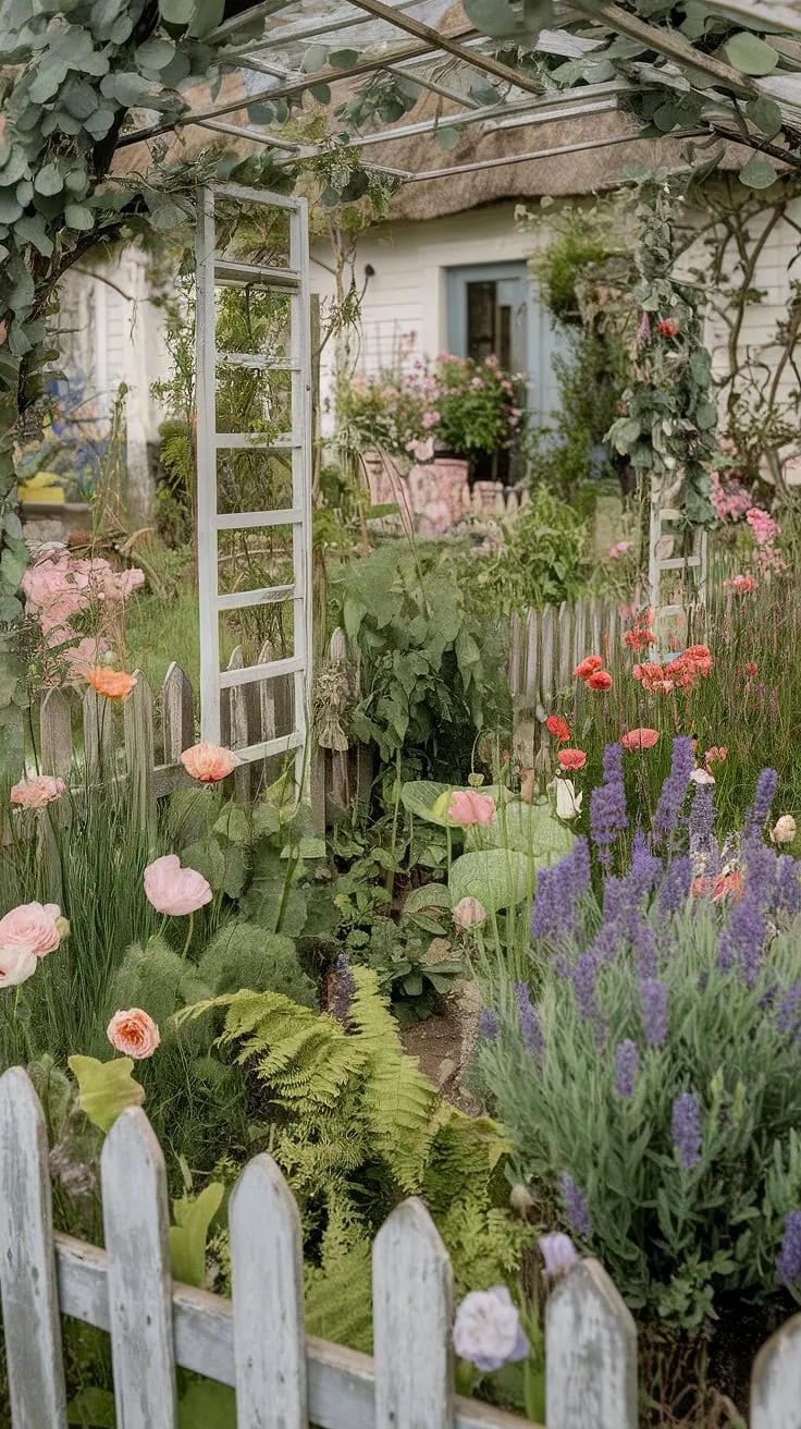 Sun-drenched blooms and the gentle scent of lavender fill the air in this idyllic cottage garden. The riot of color, from the deep reds of the poppies to the soft purples of the lavender, creates a truly enchanting scene, perfectly complemented by the rustic charm of the white cottage and picket fence. A perfect picture of tranquility.